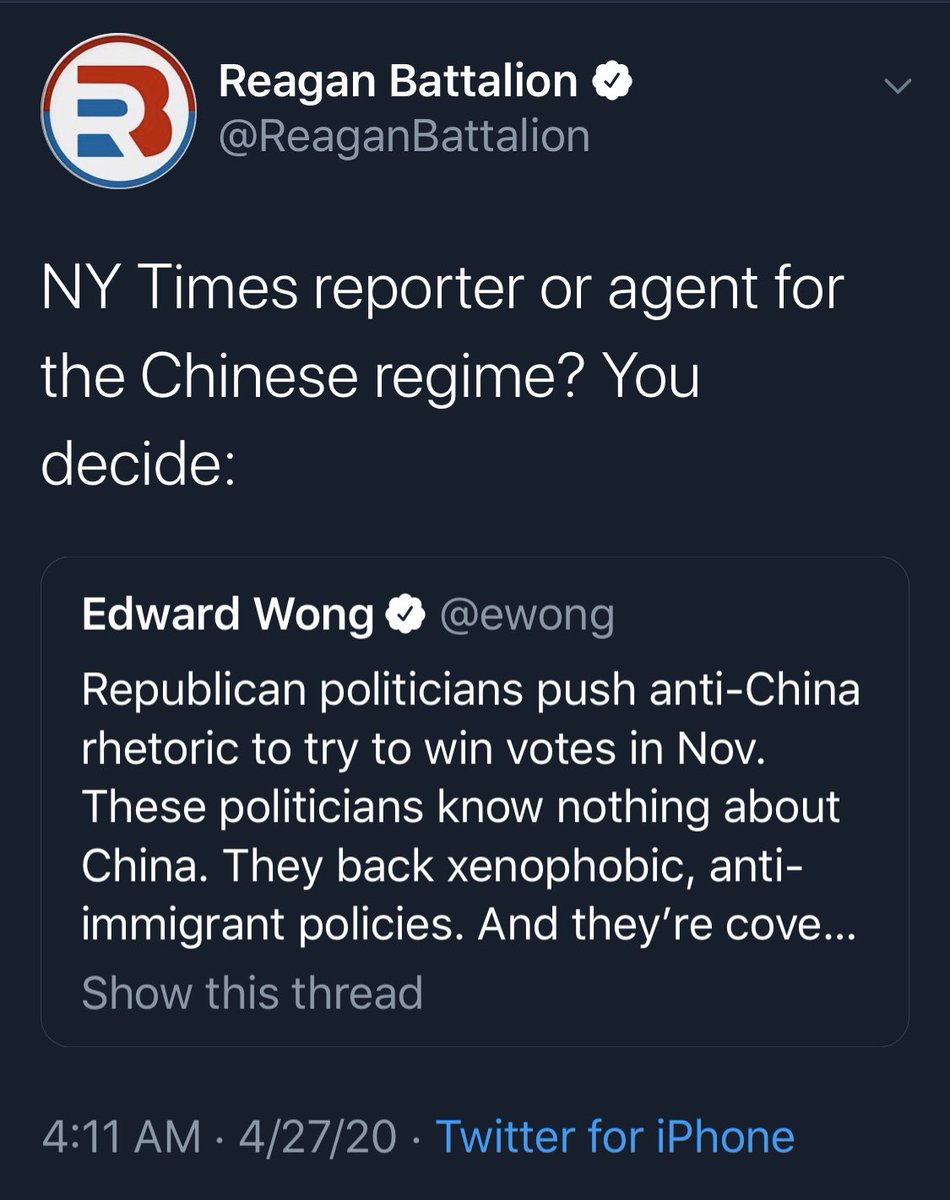 7. This morning, the so-called  @ReaganBattalion suggested on Twitter that I’m an “agent for the Chinese regime” because I wrote this thread. In doing so, they proved my point. Get ready for this level of “discourse” in the months ahead.