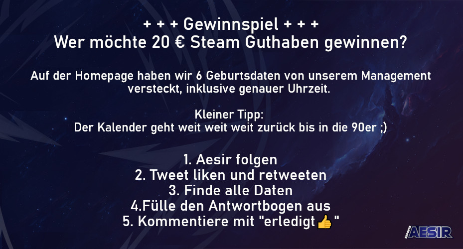 Letzte Chance bis heute Abend 20 Uhr

+ + + Gewinnspiel + + +

1. Aesir folgen
2. Tweet liken &amp; retweeten
3. Finde die Daten: buff.ly/2VQdp0u
4. Antworten einsenden: buff.ly/2VShd1e
5. Kommentiere mit "erledigt 👍"

#AesirFamily #Gewinnspiel