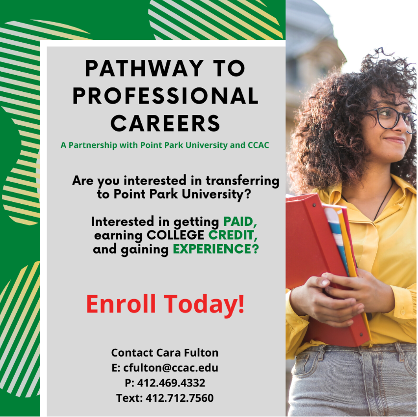 CareerCcac's tweet image. Enrollment is still OPEN for the Pathway to Professional Careers program! Get help with transferring to Point Park University. Paid Internship! Transfer Scholarships! Contact Cara: cfulton@ccac.edu #transferscholarships #careerreadiness #paidinternship #pointpark #ccac