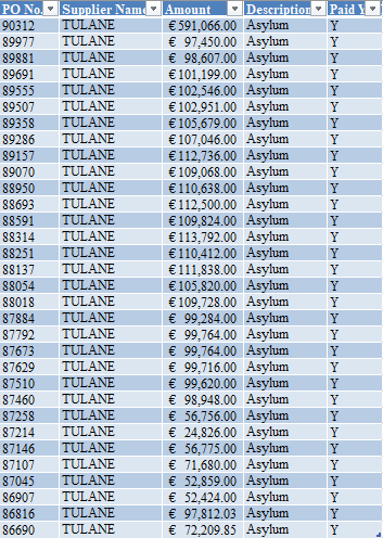 This company Tulane Business Management Ltd was paid €3.49 million according to the database of department spending from last year: