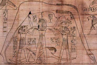 The Ancient Egyptian creation story, shows Nut and Geb as fiery lovers, once, they embraced so tightly that nothing could come between them. Shu became jealous and to separate them became the air that moves between the sky and the earth. Separation of sky( Nut) and earth ( Geb).