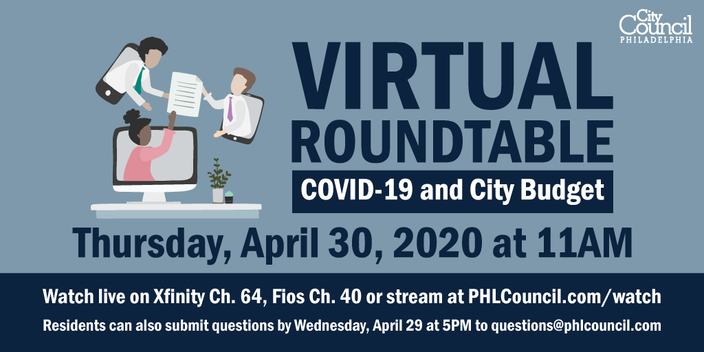PHLCouncil's tweet photo. Join @PHLCouncil Leadership - @Darrell_Clarke, @CherelleParker9 @Mr4thDistrict and @CMMarkSquilla for a Virtual Roundtable to discuss the ongoing response to #COVID19 and a preview of the #PHLBudget.
Thursday, April 30, 2020 at 11am. https://t.co/ZDS9SQ7lgF
