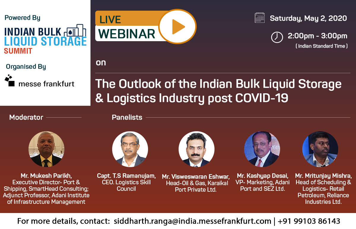 iblssummit's tweet photo. A panel of experts with cross-industry know-how will shed light on “The Outlook of the Indian Bulk Liquid Storage &amp; Logistics Industry post COVID-19”, to discuss the opportunities, challenges &amp; their solutions.

Saturday, 2 May, 2020, 02:00 PM
Register at https://t.co/PQJuP6ankP https://t.co/J3tWjxfU7q
