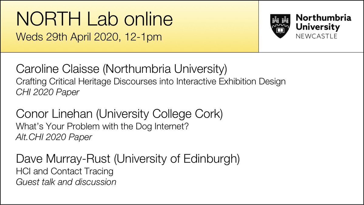 johnrooksby's tweet photo. The NorthLab @NORTHLabHCI seminar this week (Weds 29th April, 12-1pm) will feature #chi2020 presentations by @CarolineClaisse and @conorlinehan followed by a discussion with @davemurrayrust on contact tracing. The Zoom invite is available here: https://t.co/3f7BdMqI1f https://t.co/mAQXSQ6sl5