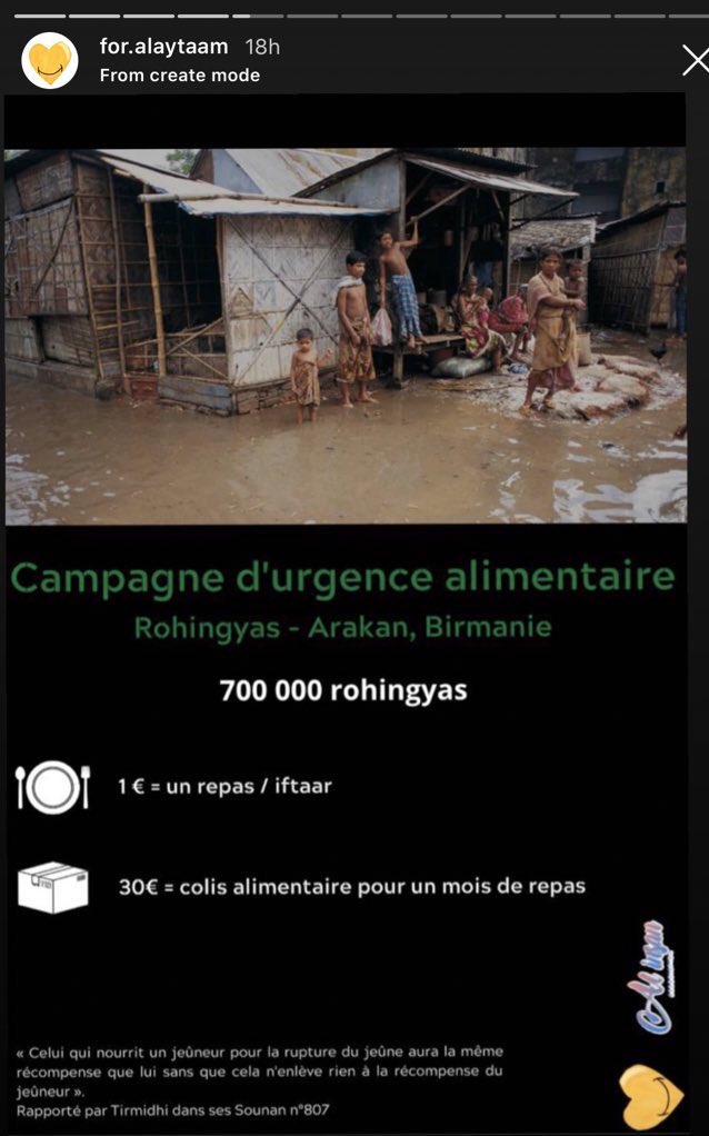 4. Et si aujourd’hui on offrait un repas de rupture du jeûne pour seulement 1€ & gagnait la mm récompense que ce jeûneur ? L’association for.alaytaam sur IG, lance une campagne d’urgence pour les 𝐑𝐨𝐡𝐢𝐧𝐠𝐲𝐚𝐬 𝐝𝐞 𝐁𝐢𝐫𝐦𝐚𝐧𝐢𝐞.1 simple euro. https://www.cotizup.com/ramaadan-rohingya