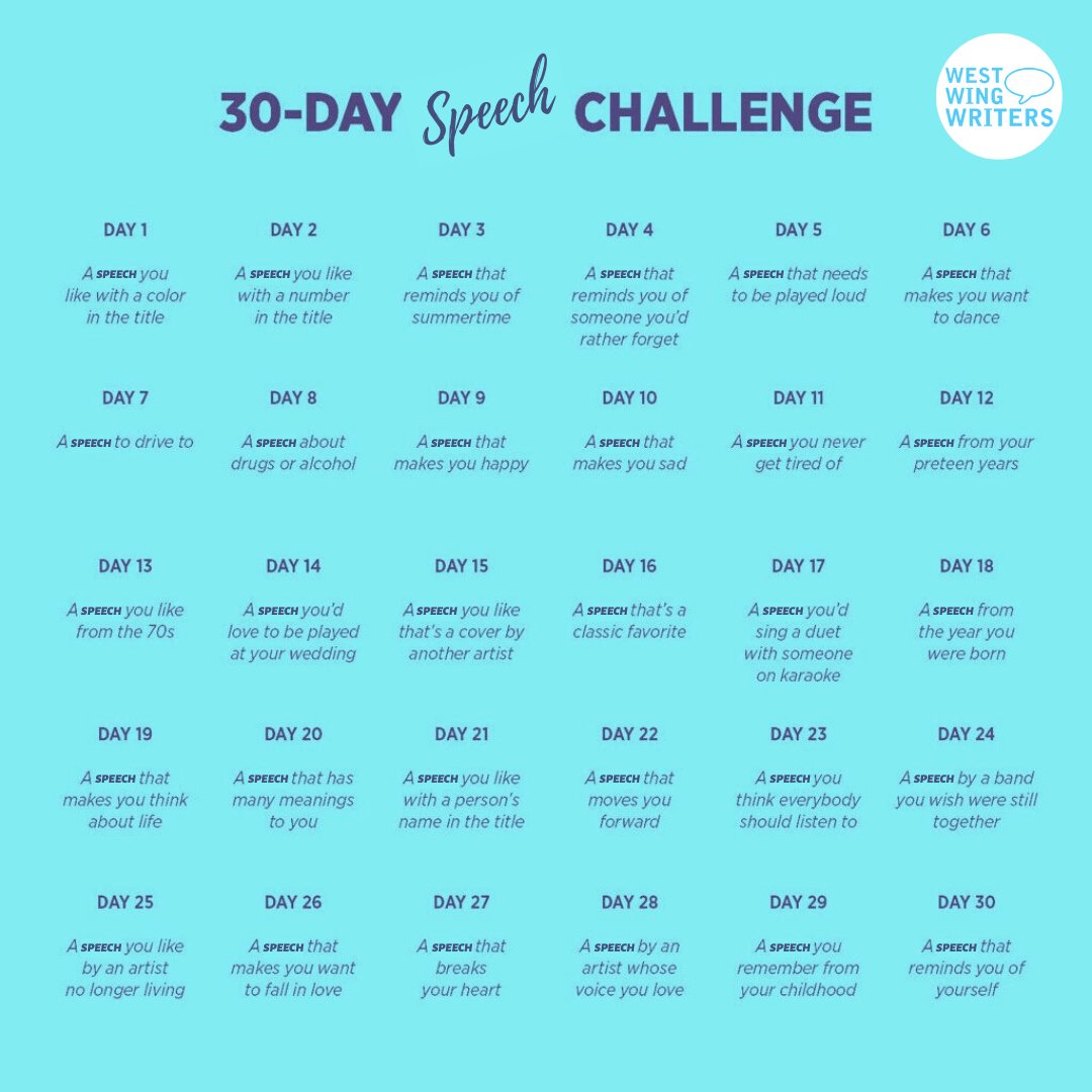 WestWingWriters's tweet photo. Finished with your #30DaySongChallenge? Join us for a #30DaySpeechChallenge. Same rules apply: one speech, each day, for 30 days. https://t.co/ahepYlgipN