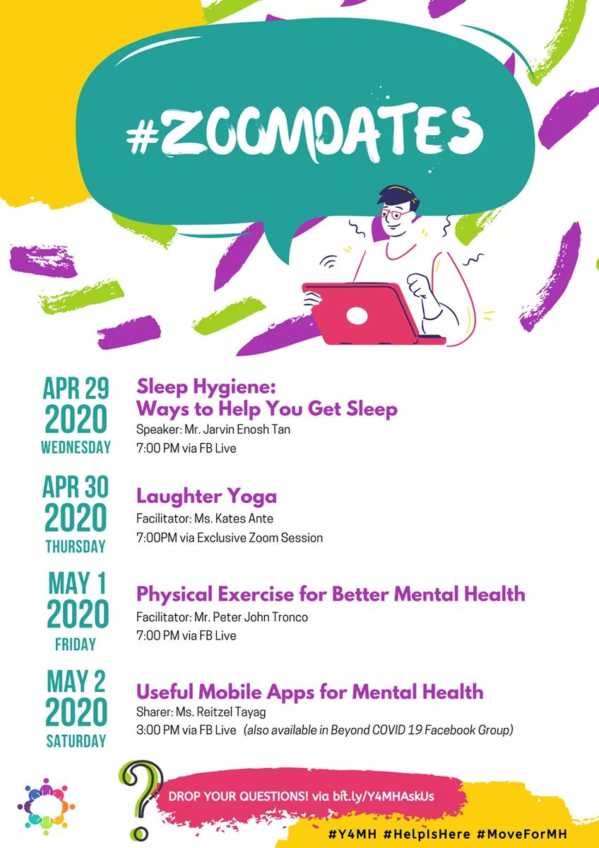youth4mh's tweet photo. Here's our #ZoomDates schedule for the week!
Hope to have you with us as we discuss Sleep Hygiene, Physical Exercise, and Useful Mobile Apps for improving our mental well-being!

#Y4MH #HelpIsHere #MoveForMH #Buklod https://t.co/A8BzJaJG9Q