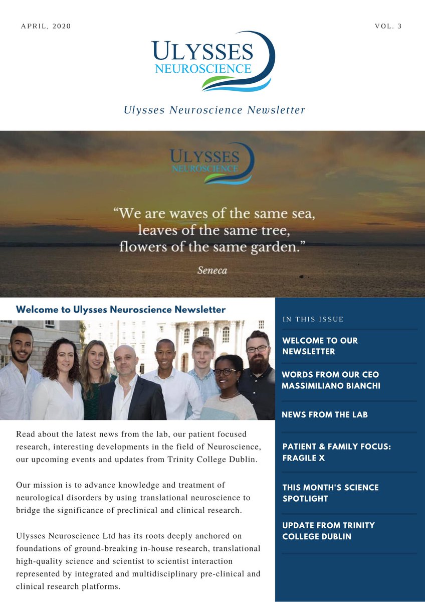 UlyssesNeuro's tweet photo. The April #newsletter is out now!

Read inside: 
✅ Words from our President and CEO. @mb470102 
✅ News from the lab.
✅ patient &amp; Family Focus: #Fragilexsyndrome
✅ Updates from Trinity College Dublin.

Read here and make sure to subscribe 👉 https://t.co/NiyiAYx7rA https://t.co/OEmI7Z6yH6