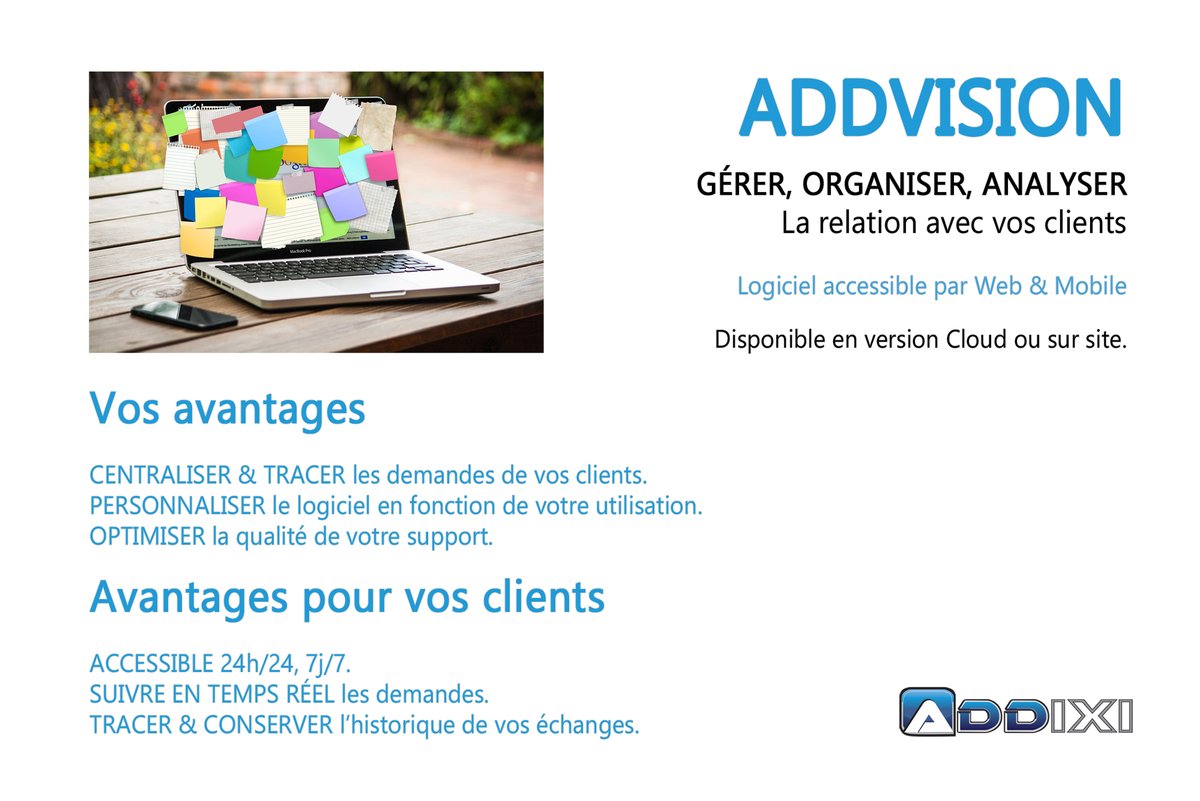 Logiciel Helpdesk, Ticketing personnalisable AddVision, développé en France par <a href="/ADDIXI_Solution/">ADDIXI</a>. Renseignements commercial@addixi.com #Addixi #Addvision #logicielticketing #logicielhelpdesk #Lyon #Nancy #Metz #PACA #AuvergneRhoneAlpes #GrandEst #Madeinfrance #organiser #analyser