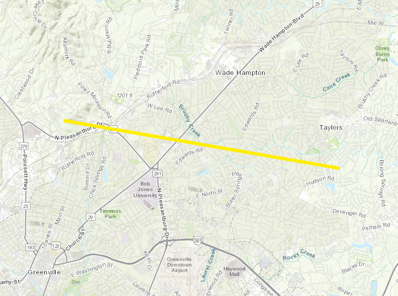 wyffnews4's tweet photo. This is the path of the EF2 tornado that hit Greenville County Saturday night. For a look at damage from Sky 4, click here. https://t.co/5Yj9wVcUv6 Picture from National Weather Service. https://t.co/3IiPL3EWZv
