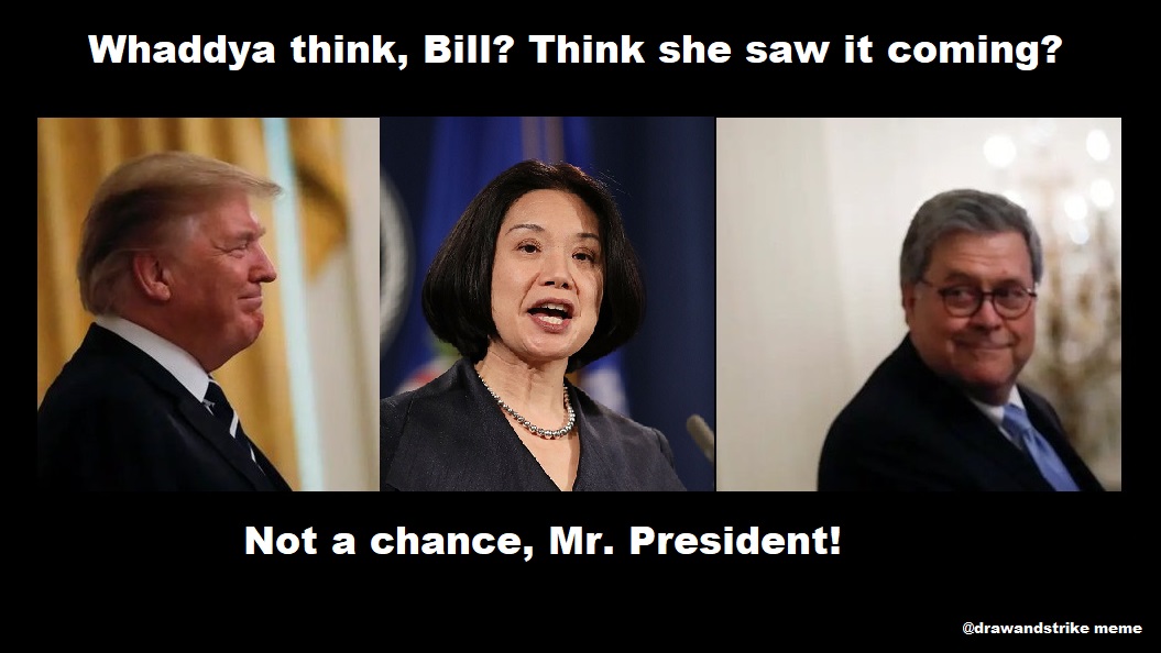 I even made a humorous meme to kind of point to what had just happened.Liu was **tricked** into giving up the DC US Attorney's job with an offer of a better job at the Treasury Dept. that suddenly went 'POOF!' & disappeared while top Barr lieutenant Timothy Shea replaced her.