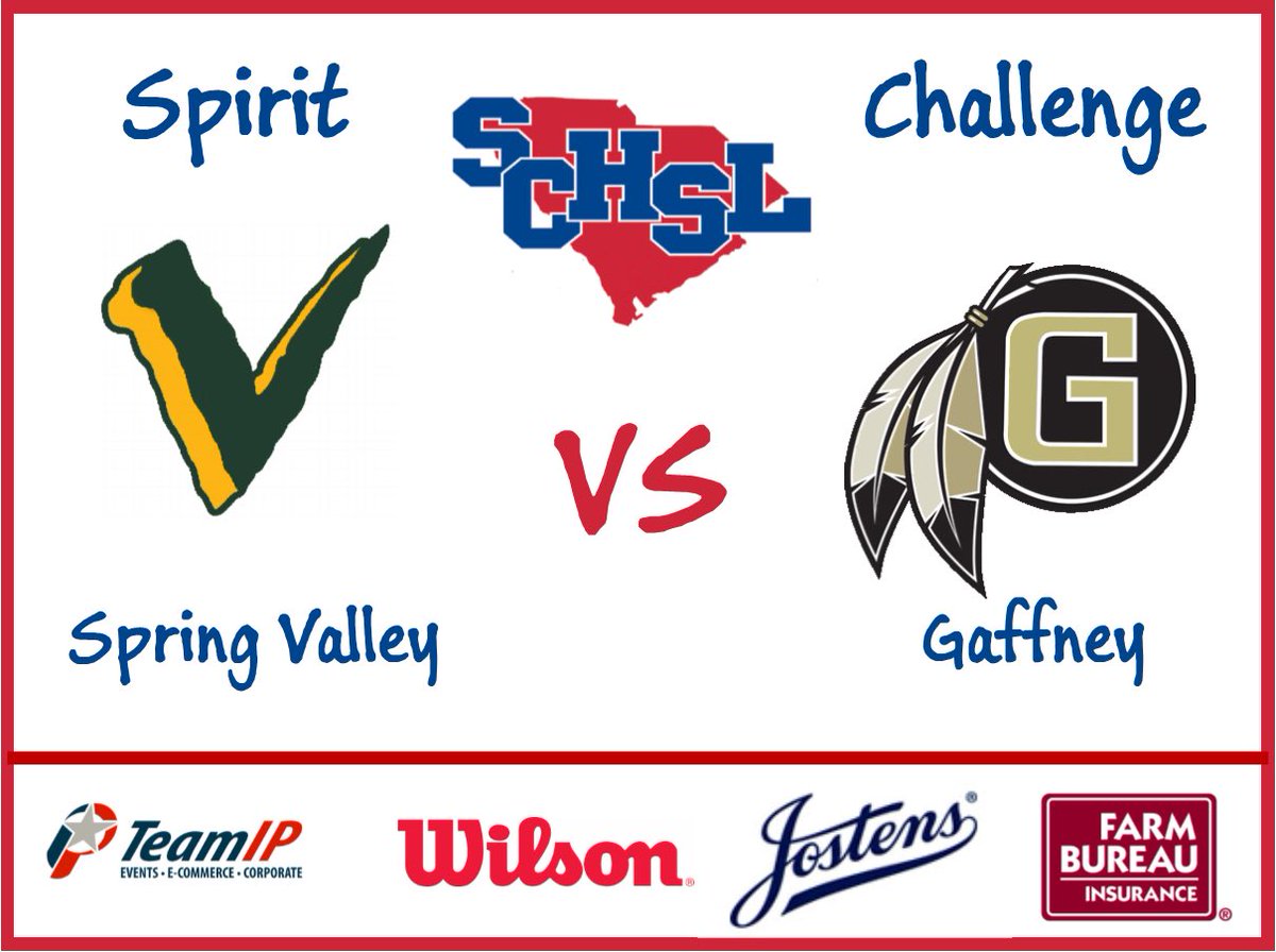 <a href="/SV_Vikings/">Spring Valley</a> vs <a href="/gaffney_high/">Gaffney High School</a>  #SCHSLSpiritChallenge #Round1Day1