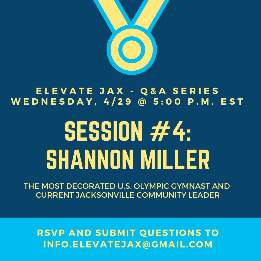 ElevateSPJ's tweet photo. Our weekly zoom Q&amp;A continues this week as we’ll be joined by 7-time @Olympics medalist, cancer survivor, author, health advocate, mom, JAX resident and so much more (seriously, she’s IMPRESSIVE). 

@shannonmiller96 🇺🇸 🥇

Wednesday | 5 p.m. ET | RSVP to info.elevatejax@gmail.com https://t.co/43R0XiMIiz