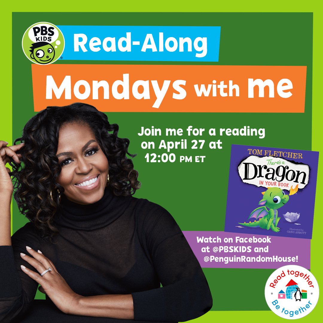 MichelleObama's tweet photo. Today, I’ll be reading one of my favorites: “There’s a Dragon in Your Book.” It’s a fun read that requires a little imagination and a lot of heart.

Tune in at 12pm ET on @PenguinRandom’s Facebook or anytime after on @PBSKids YouTube channel. https://t.co/TBP2AA8QRC https://t.co/xbV0zIVOXh