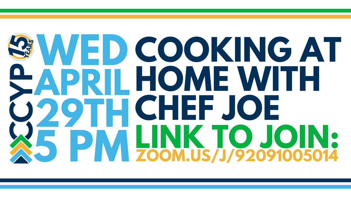 CCYP's tweet image. Join us this Wednesday for our Cooking at Home with Chef Joe event! Link to join: zoom.us/j/92091005014 &amp;gt;&amp;gt;