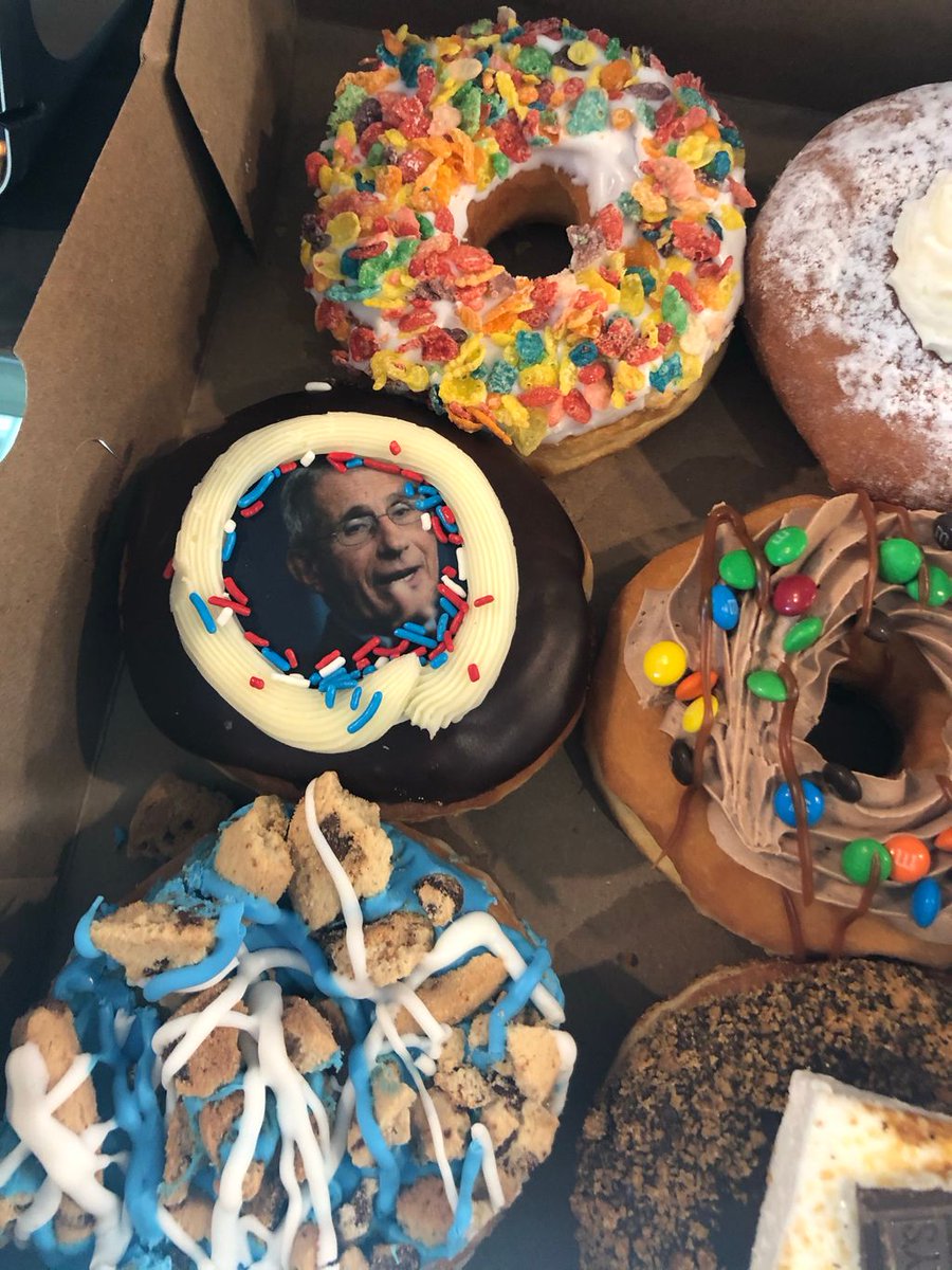 EricSchuell's tweet photo. Donut Crazy...you outdid yourself.  
The Dr. Fauci Donut. Perfect!  Epic!! 
Now off to a closing with these masterpieces. https://t.co/6hzvr4TAIA