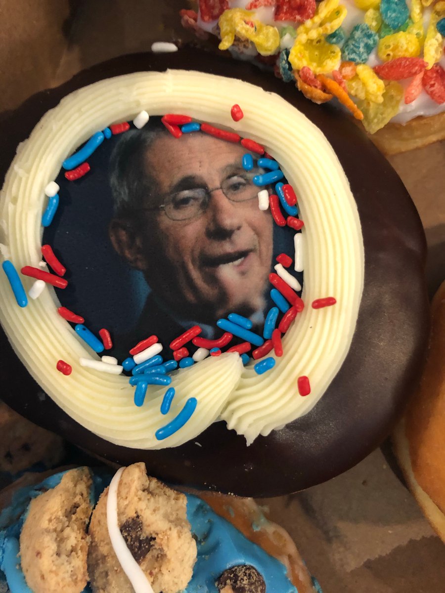 EricSchuell's tweet photo. Donut Crazy...you outdid yourself.  
The Dr. Fauci Donut. Perfect!  Epic!! 
Now off to a closing with these masterpieces. https://t.co/6hzvr4TAIA