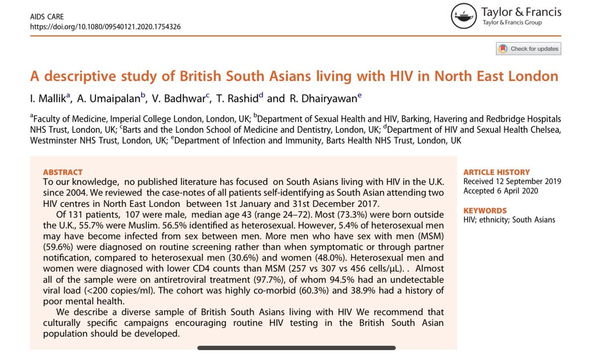 crageshri's tweet image. Delighted our study on British S Asians living with HIV in NE London has been published! Congrats to 1st author @ohdearindira. Main finding is that heterosexual men &amp;amp; women are diagnosed at a later stage with more advanced disease so please get a test!

tandfonline.com/doi/full/10.10…
