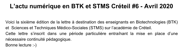 SanteSoc_AcCret's tweet photo. La lettre d'actu numérique BTK STMS #6 de l'académie de Créteil est parue :-) Bonne lecture #STMS #BTK #biotechnologies #numérique #pédagogie #ressources #edubases #traam #ContinuitePedagogique
https://t.co/9hPlpVTrER https://t.co/Zl1xW034dD