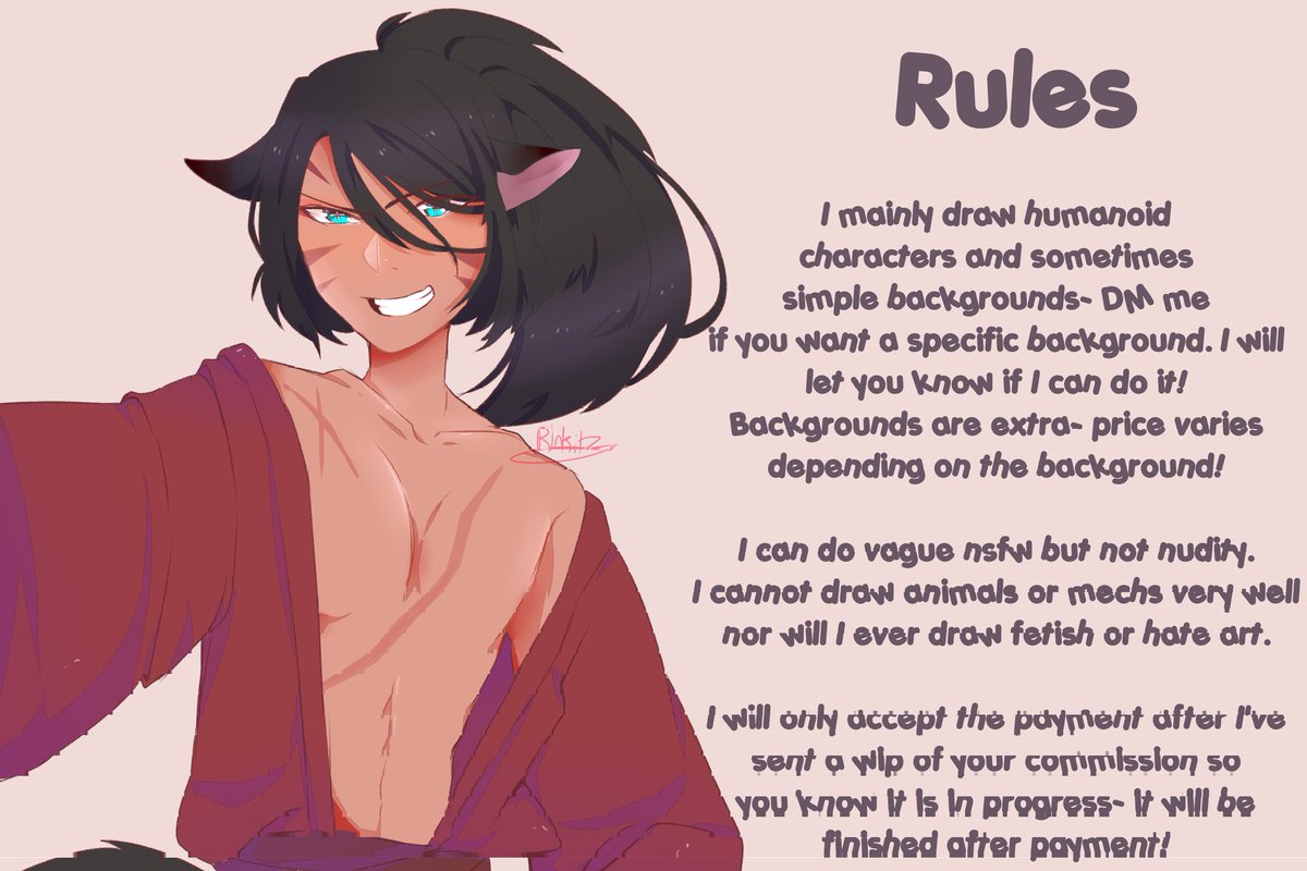 Rinkitz's tweet photo. Commissions info is up!
I added rules in a normal font in case anyone had a hard time reading them! 

Dm me or msg here if you're interested! Ty for reading ♡ https://t.co/ivx6SQPonZ