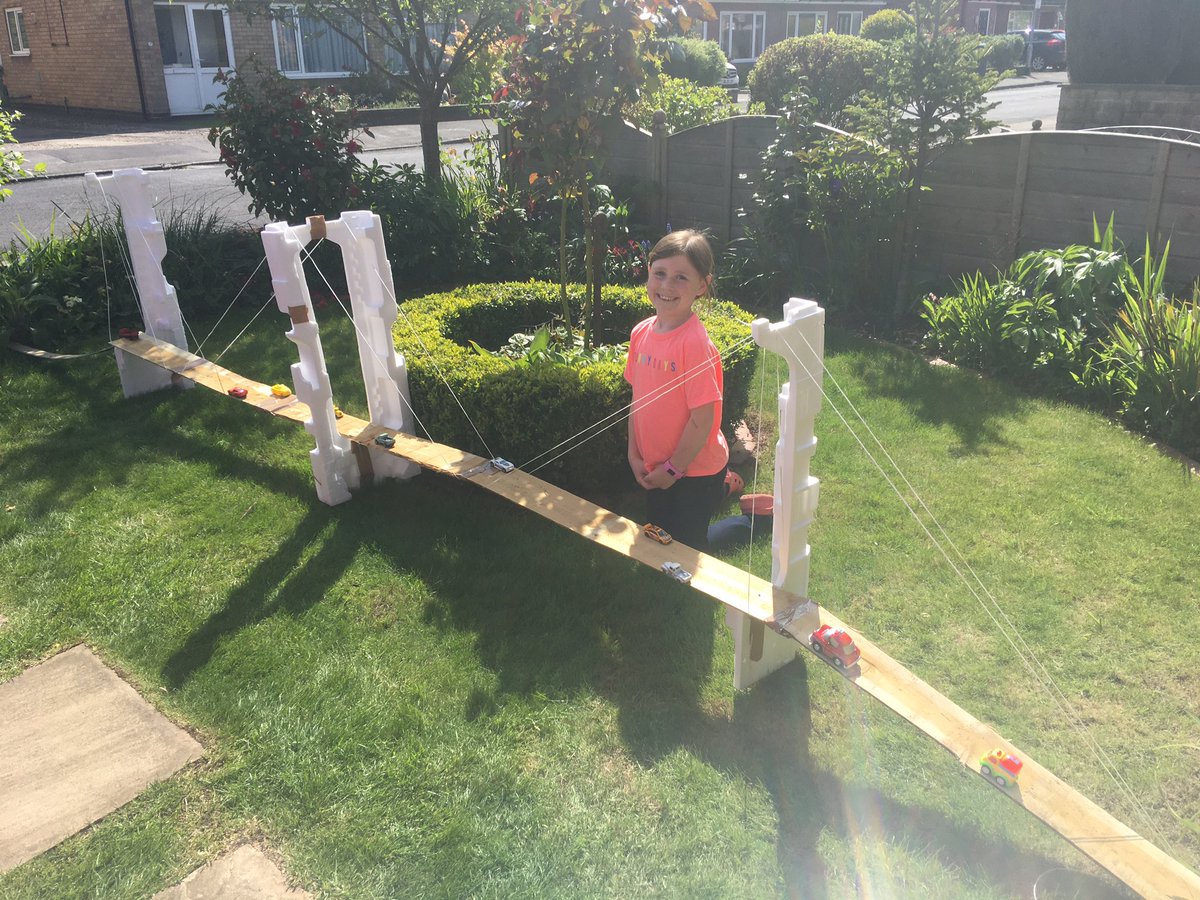 MarkRPattinson's tweet photo. @GS_Federation Verity has been having fun building a fantastic suspension bridge which she said had to span the entire front lawn #homework #lockdown https://t.co/WtL0VlGACy