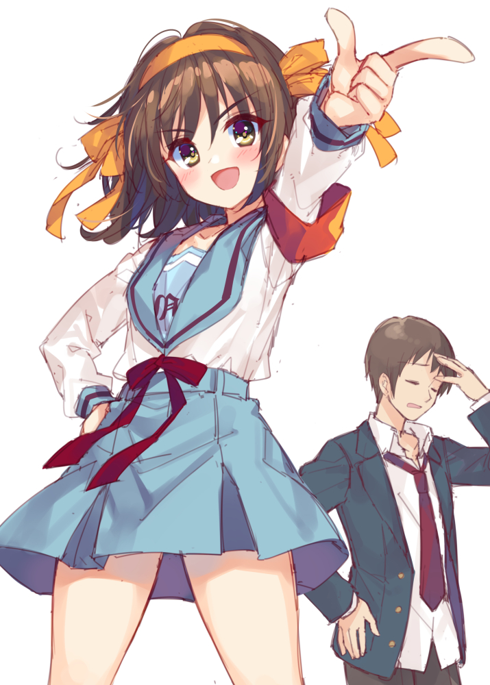 kyon ,suzumiya haruhi kita high school uniform 1girl school uniform winter uniform skirt 1boy brown hair  illustration images