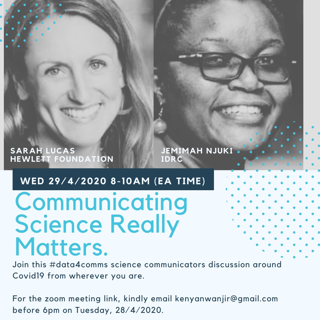 kenyanwanjiru's tweet photo. Are you a science communicator in SSA interested in Covid19 reflections.
Join this #data4comms #sciencecommunication discussion Wednesday 8 to 10am. https://t.co/RBhY13KwP5