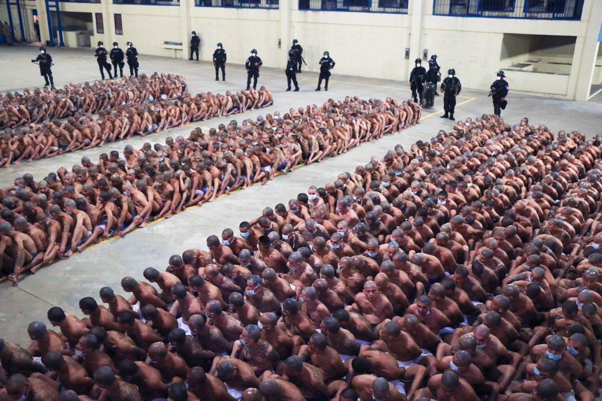 El Salvador is chaining prisoners together and cramming them in cells, locking them inside 24 hours per day.

The government accuses some who are members of gangs of ordering murders outside: "They are not going to see any rays of the sun."