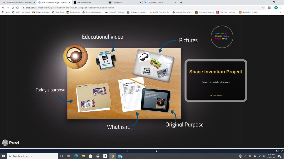MicheleSelvage's tweet photo. The NASA project towards the end of the year is one my favorites! Students discover a space creation and how it is used in our everyday life. Eliza shared her Prezi with me on Scratch-Resistant Lenses, AMAZING JOB! @CISWildcats #thinkleadsucceed #alcontinueslearning @JasonHass1 https://t.co/1sgEKAMqmf