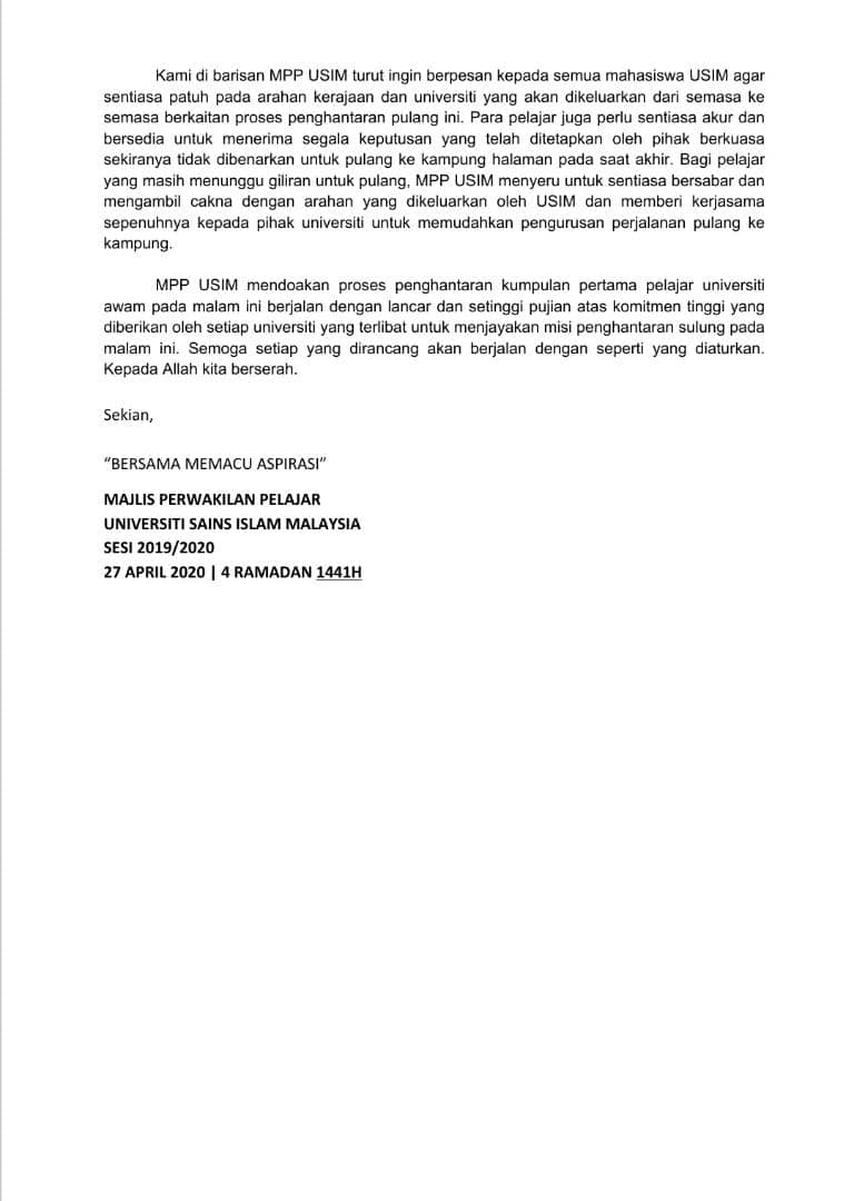 MPPUSIM's tweet photo. MPP USIM mendoakan penghantaran pulang pelajar universiti awam berjalan lancar.

#KitaJagaKita
#StaySafeStayHome
#StayHome https://t.co/AtDnBsYTVd