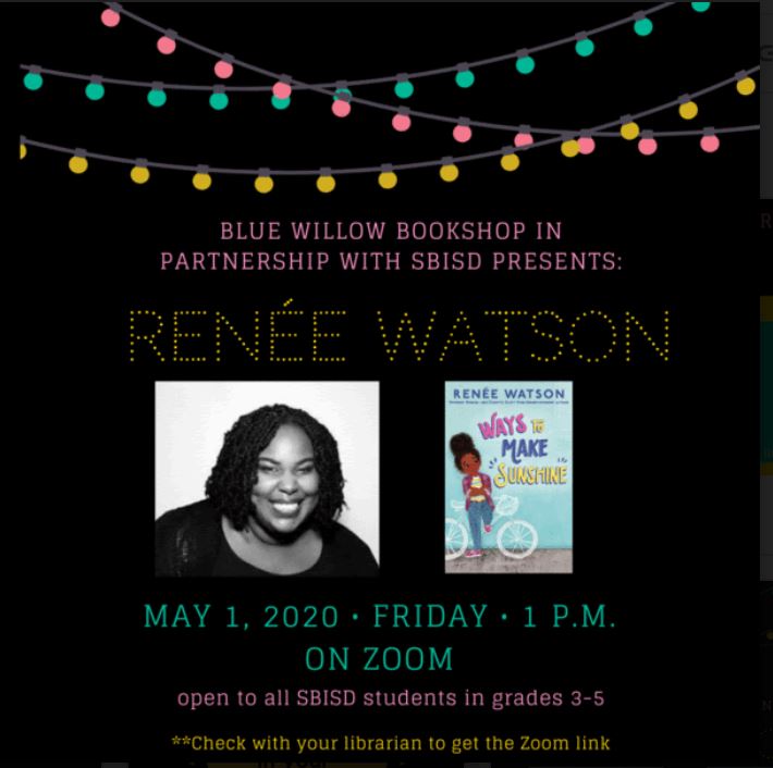 Hey <a href="/pseexplorers/">Pine Shadows</a>! All <a href="/SBISD/">Spring Branch ISD</a> 3rd-5th graders have been invited to a virtual author visit with the fabulous <a href="/reneewauthor/">Renée Watson</a> on May
1st! Email me for more information. Thank you <a href="/BlueWillowBooks/">Blue Willow Bookshop</a> for this opportunity!