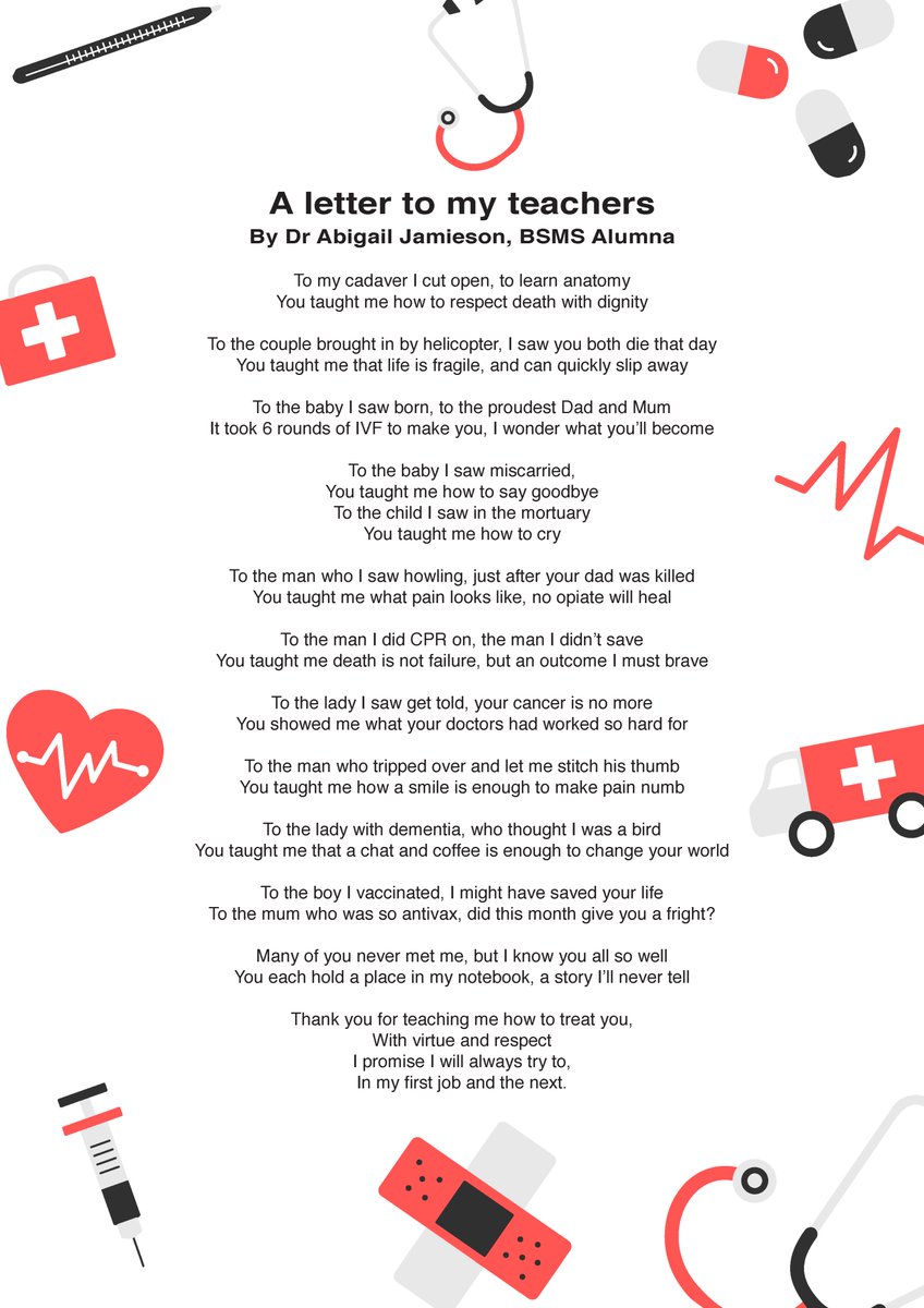 Recent #BSMS graduate Dr Abigail Jamieson reflects on her time as a student and everyone who taught her, in her poem 'A letter to my teachers' #BSMSAlumna #Poetry #Graduate <a href="/BSMSMedSchool/">BSMS</a>