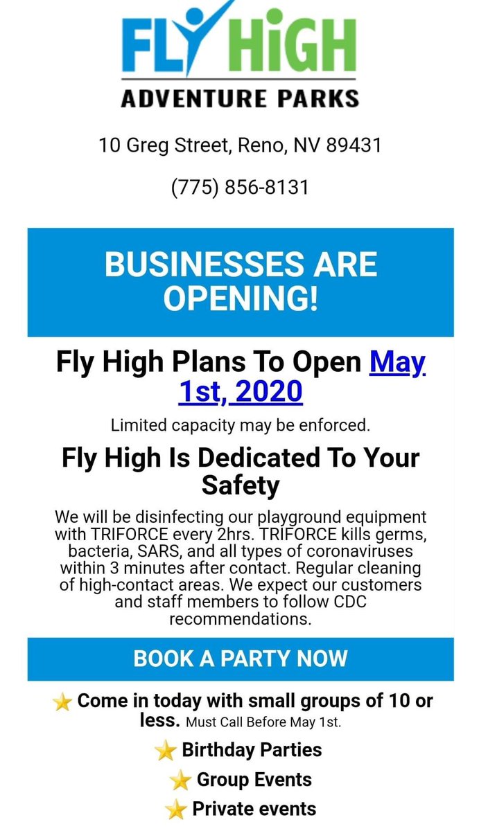 RachelFuetsch's tweet photo. @SteveSisolak this email was sent April 26th by Fly High, is there a plan to reopen businesses like this May 1st? I will not be taking my children to businesses like this yet, but many are now curious about reopenings May 1st. https://t.co/wDn6Pgtdg0