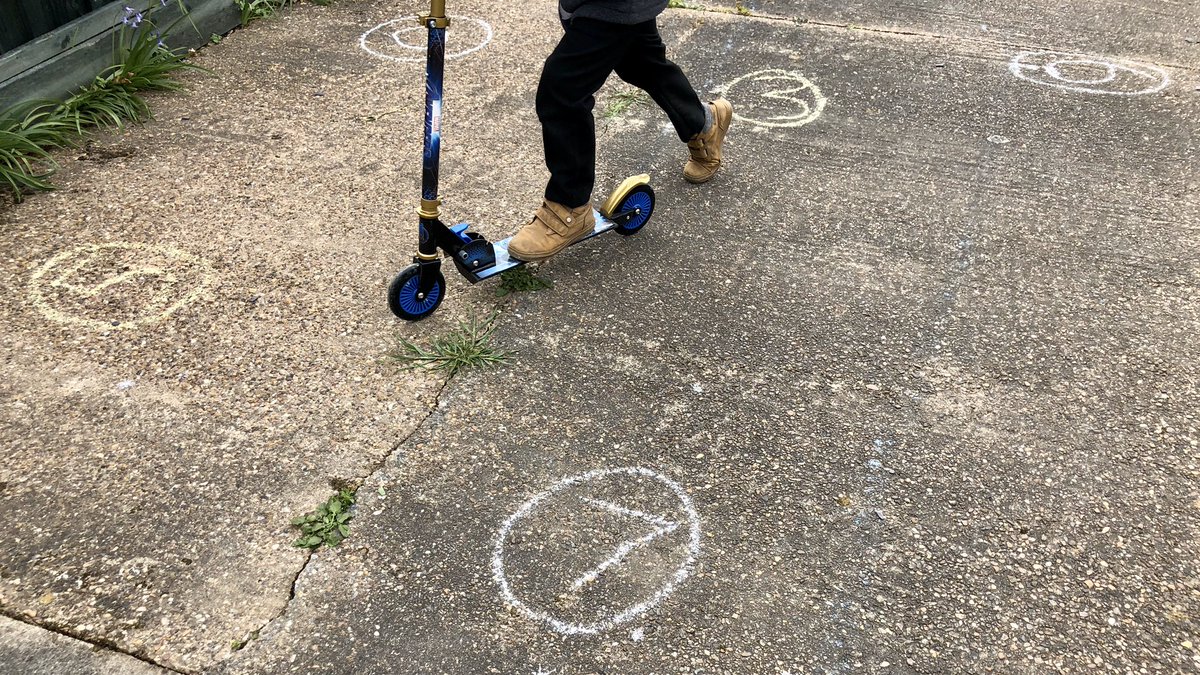 peterrowlett's tweet photo. Before lunch, I found my son and his mum playing a game on the drive. She was shouting instructions like “plus 3”, “take 2”, “double it”, “halve it”, etc. and he was scooting to the right number. Apparently he insisted on having 0 and -1 in the mix! https://t.co/7Xmw58MG1d