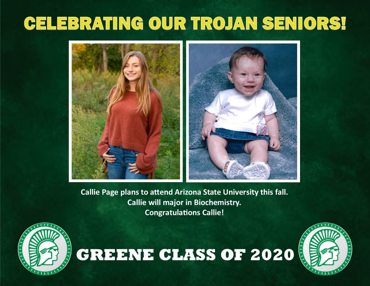 GreeneCSD's tweet photo. GCS is recognizing the Class of 2020 by highlighting two seniors. This includes his/her senior picture, post-high school plans, most memorable moments(s) and what it meant to be a Greene Trojan. Today's spotlight shines on Callie Page and Alec Frair. https://t.co/VlwX4Wycqs