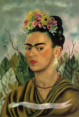 Finally had to do Frida,before the flowers in our garden withered away in the summer heat....this is herSelf Portrait, Dedicated to Dr Eloesser, it's technically not in a museum(private collection),but I had to do this one because of those earrings!(a gift from Picasso)