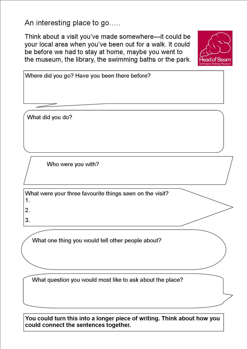 hopetowndarl's tweet photo. Creative writing inspiration! Use the prompts in the sheet to help create a story, a poem, a diary entry, a postcard. Think about somewhere you've been - locally or before we had to stay at home -Head of Steam!#MuseumFromHome #Creativeafternoons https://t.co/6XifSguoCJ