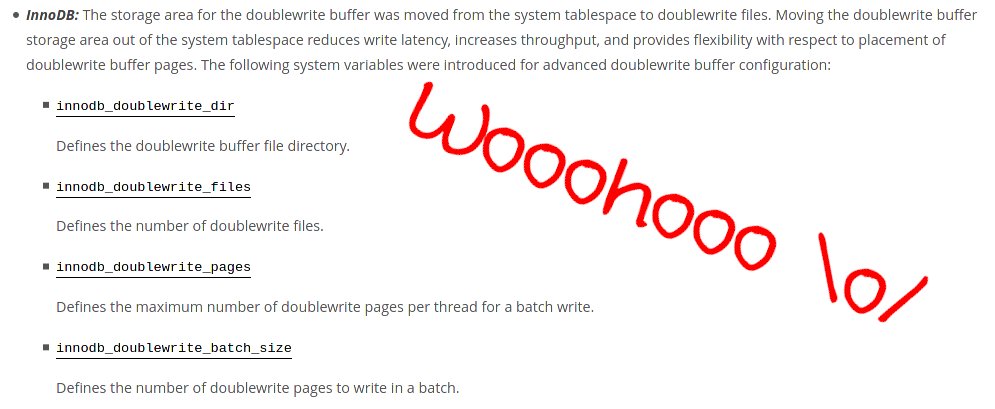 MySQL: RT lefred: MySQL 8.0.20 with InnoDB Doublewrite Buffer improvements Woooohoooo \o/ #MySQL8isGreat