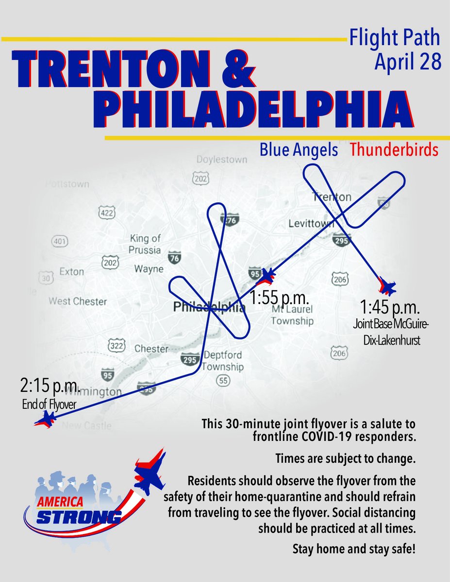 Military_Flight's tweet photo. #AmericaStrong | The #BlueAngels and #AFThunderbirds just released their Flyover Maps for New York City, New Jersey, and Philadelphia.
The Teams ask, "Residents should observe the flyover from the safety of their home-quarantine and refrain from traveling to see the flyover." https://t.co/rufLlA3h19