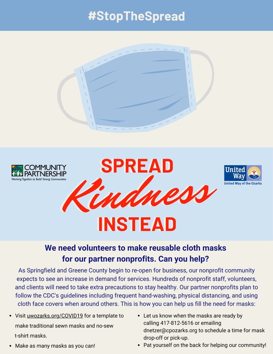 Scouters our United Ways AND community need YOUR help. If you have the time, skills, and supplies, we need volunteers like you to make reusable cloth masks for our nonprofit community. This is how you can help us fill the need for masks:
Visit uwozarks.org/COVID19