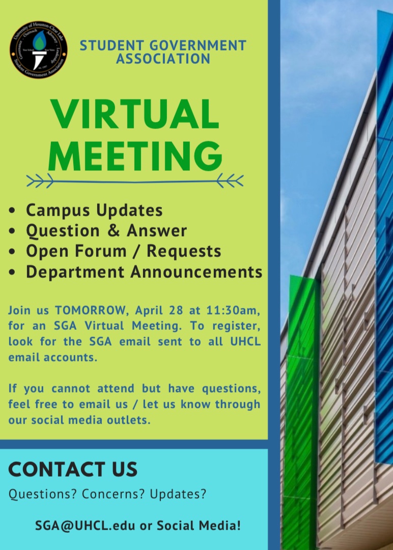 uhcl_sg's tweet photo. TOMORROW 🤩! We have a Virtual SGA Meeting to provide updates, announcements, and give students the opportunity to voice their questions and concerns. Can’t attend? Send us your questions at SGA@UHCL.edu or comment below 😊

GO HAWKS 💚💙💚💙💚💙 https://t.co/v3rn8fI6V0