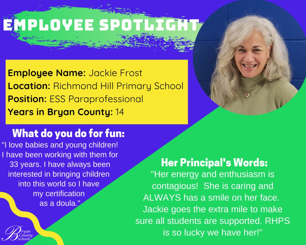 BryanCoSchools's tweet photo. This week's Employee Spotlight is Jackie Frost from Richmond Hill Primary School. Join us in thanking Jackie for exemplifying "Excellence in Everything!" https://t.co/qfBrzttP5L