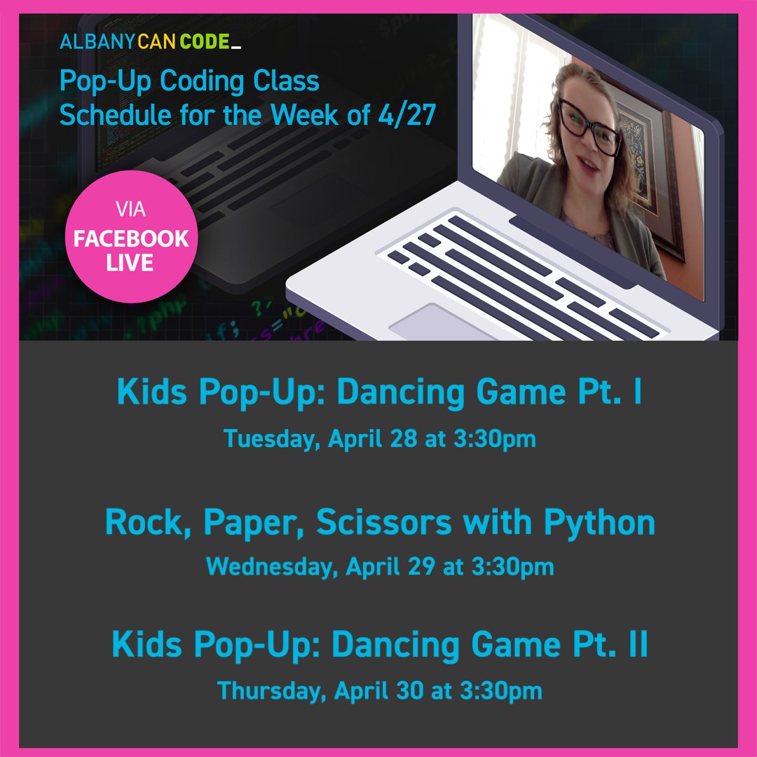 AlbanyCanCode's tweet photo. Here's the lineup for this week's Facebook Live Pop-Up Lessons. We hope you'll join us!!
These lessons will be live streaming on our Facebook page timeline. All pop-up videos are archived to watch later at https://t.co/4iQ0YtwUeJ. https://t.co/Wcc28ITvlD