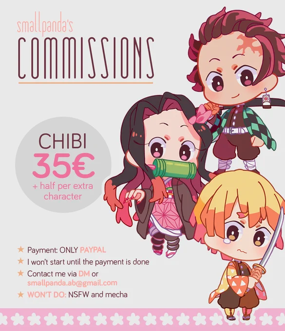 ?Commissions are OPEN?

✨Chibi and Semi-Chibi Commissions
✨Payment only by PayPal

RTs are very appreciated ?? 