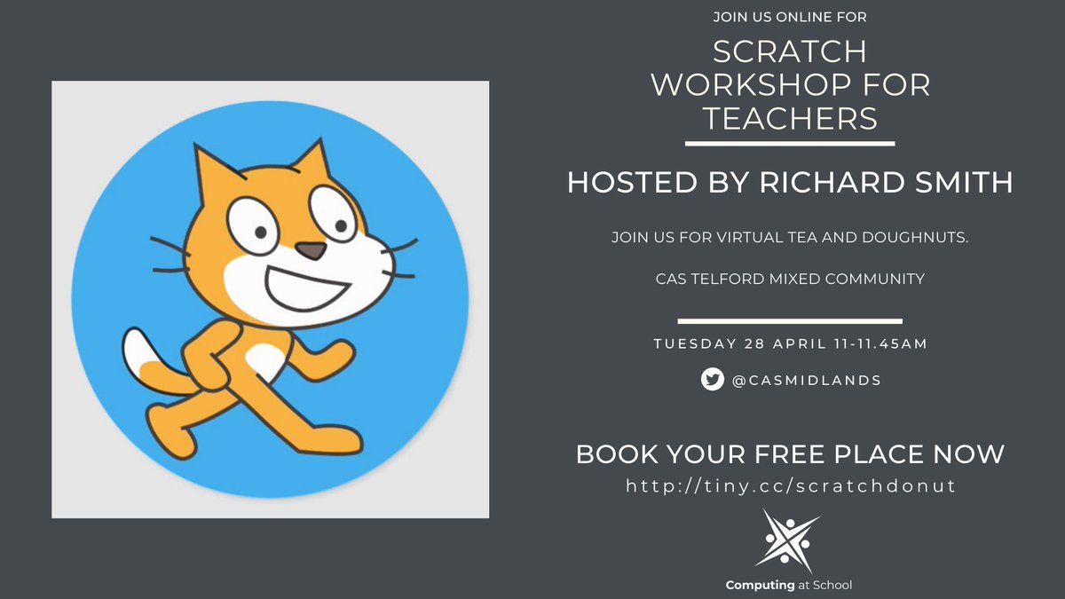 casmidlands's tweet photo. Teachers - join us tomorrow for #scratchtuesday - two fab events:

1. @amazingict's popular Scratch workshop - Design your own digital doughnut factory https://t.co/AsXPIqyZJU.

2. @missvidler's guide to best free resources for Scratch + how to use them https://t.co/TVpnXFvzqE https://t.co/JYYEPJpN8c