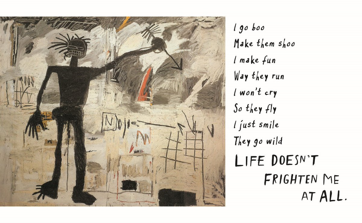 Maya Angelou and Jean-Michel Basquiat's fantastic 'Life Doesn't Frighten Me.' The illustrations are striking, often abstract and a little dark, but just enough to inspire children and talk about courage. "It's a masterpiece," says Shridhar.  #MayaAngelou  #Basquiat  #ChildrensBooks