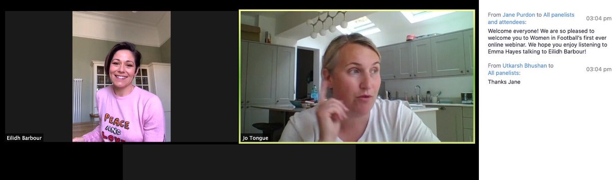 WomeninFootball's tweet image. We’re off and running in our first-ever online webinar! @EilidhBarbour is interviewing @ChelseaFCW @emmahayes1 for an audience of @WomeninFootball coaches. Welcome!