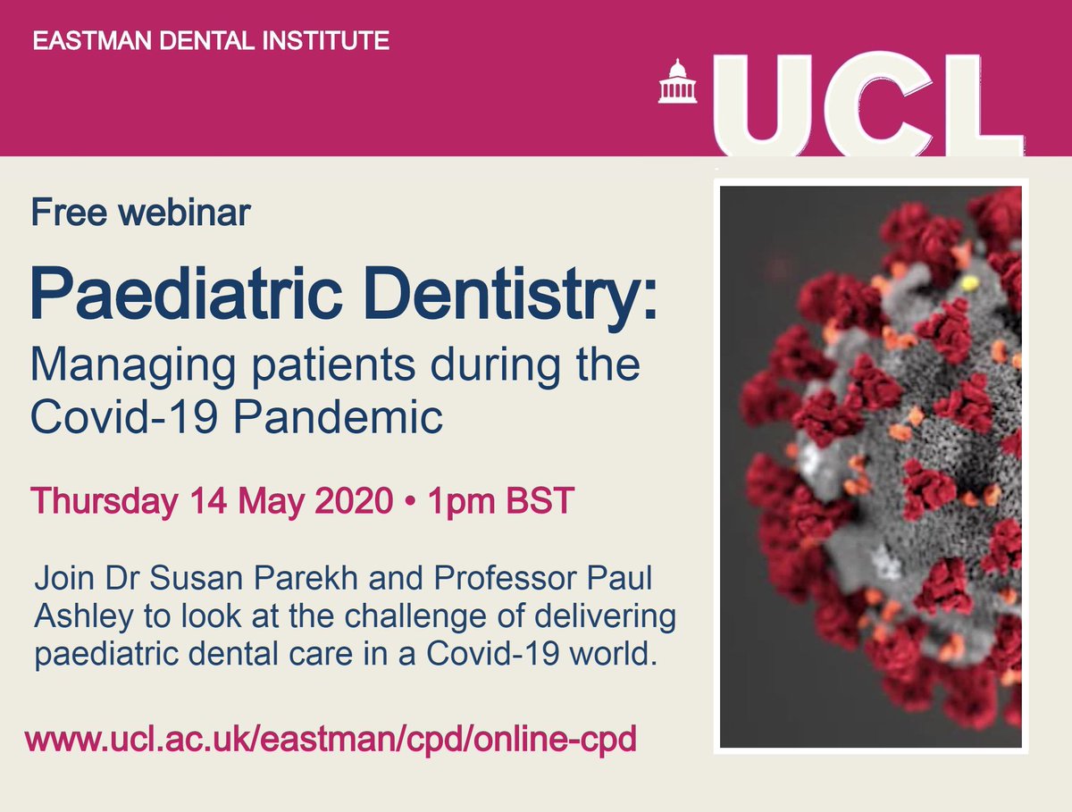Free webinar: Paediatric Dentistry: Managing patients during the Covid-19 Pandemic

Dr Susan Parekh and Prof Paul Ashley look at how we can deliver effective &amp; safe #PaediatricDentistry as we move out of lockdown, into the 'new normal': buff.ly/2SerqnT

Thu 14 May  • 1pm