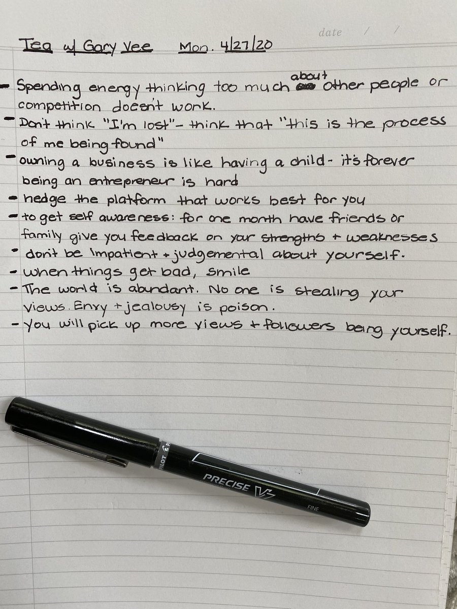 samiraatash's tweet photo. Here’s my notes from today’s #TeaWithGaryVee - Mon. 4/27/20. Great session bc he shouted out my name 😄 and it focused on self awareness. @garyvee @TeamGaryVee https://t.co/I3o7ph4FHy