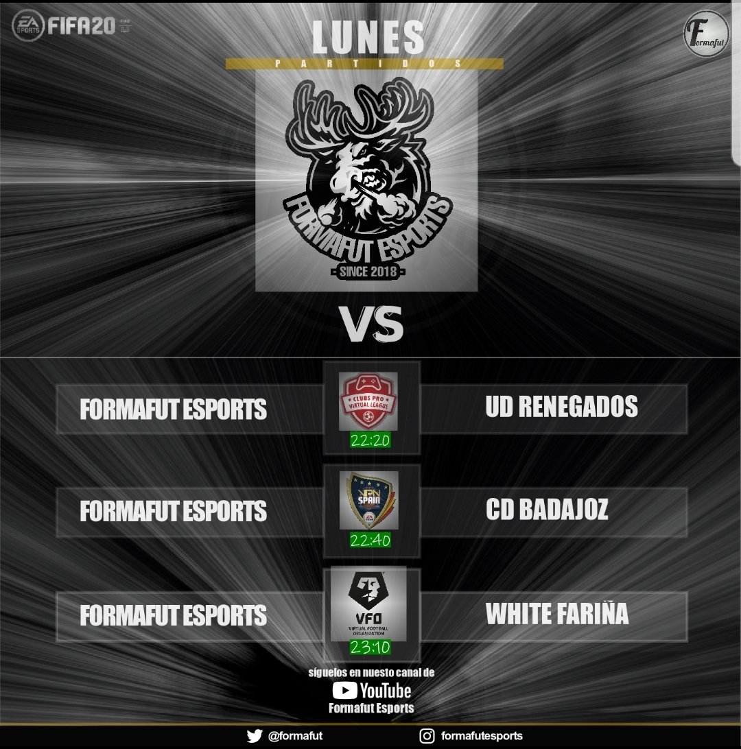 formafut's tweet image. PARTIDOS DE ESTA NOCHE CONTRA 

@UD_Renegados 
@CDBeSports 
@whitefariña